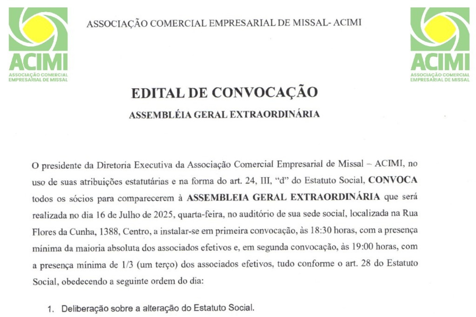 ACIMI convoca Assembleia Geral Extraordinária para mudança no estatuto social