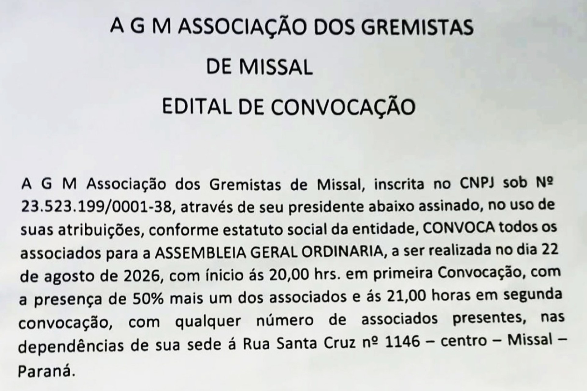 Associação dos Gremistas de Missal realizará AGO