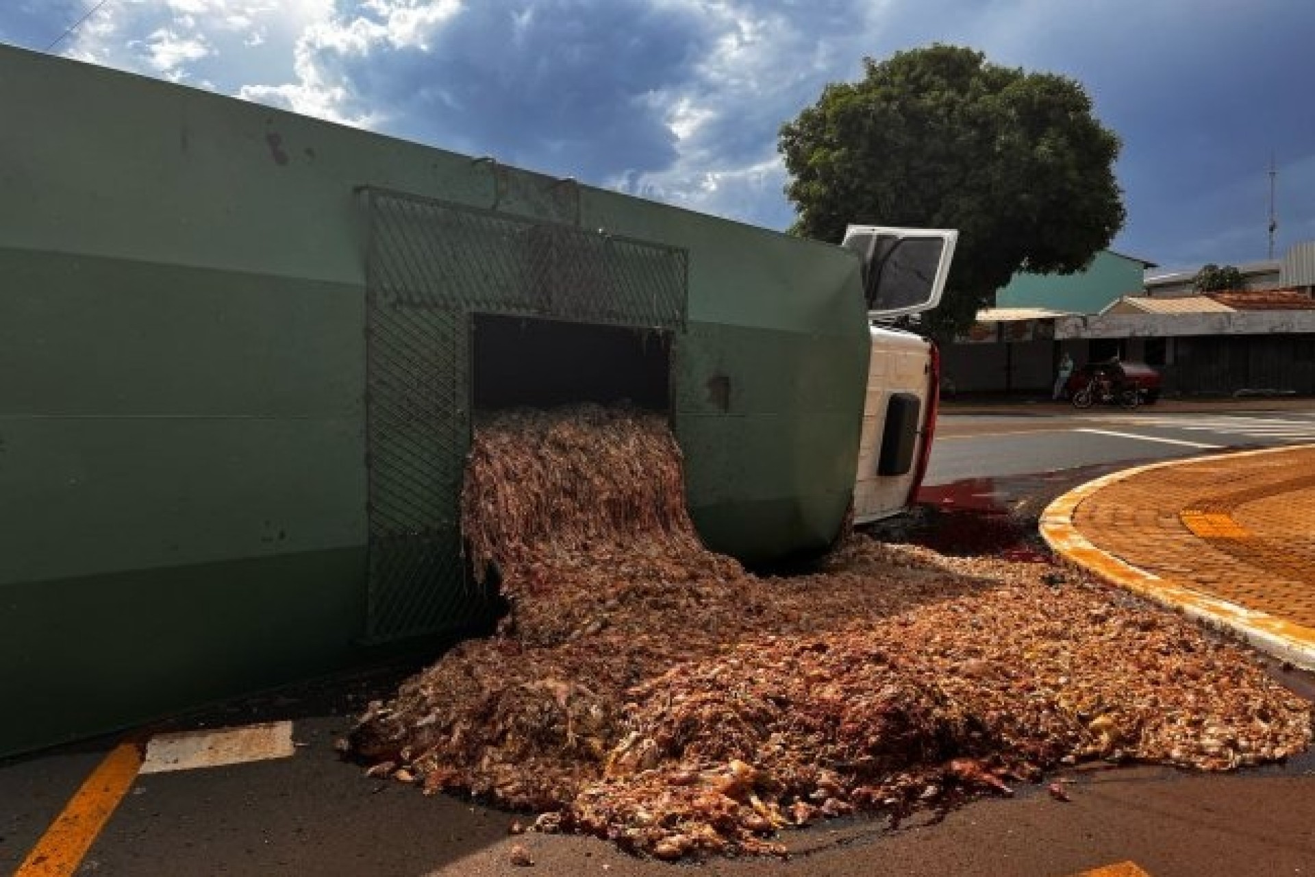 Caminhão carregado com vísceras de frango tomba no distrito de São Clemente, em Santa Helena
