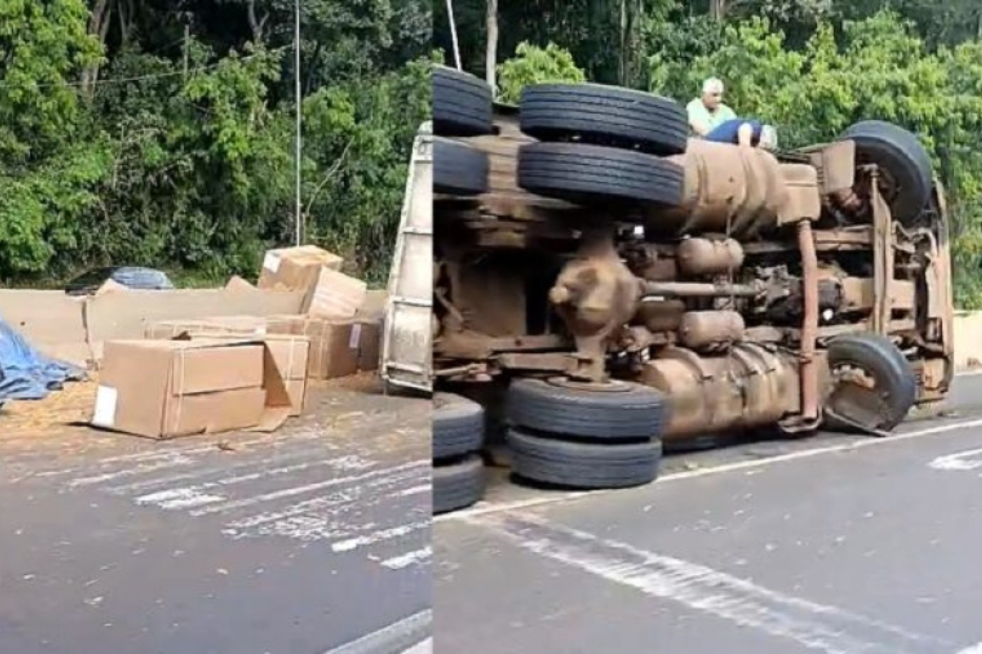 Carreta com carga de tabaco tomba na BR-277 em Matelândia