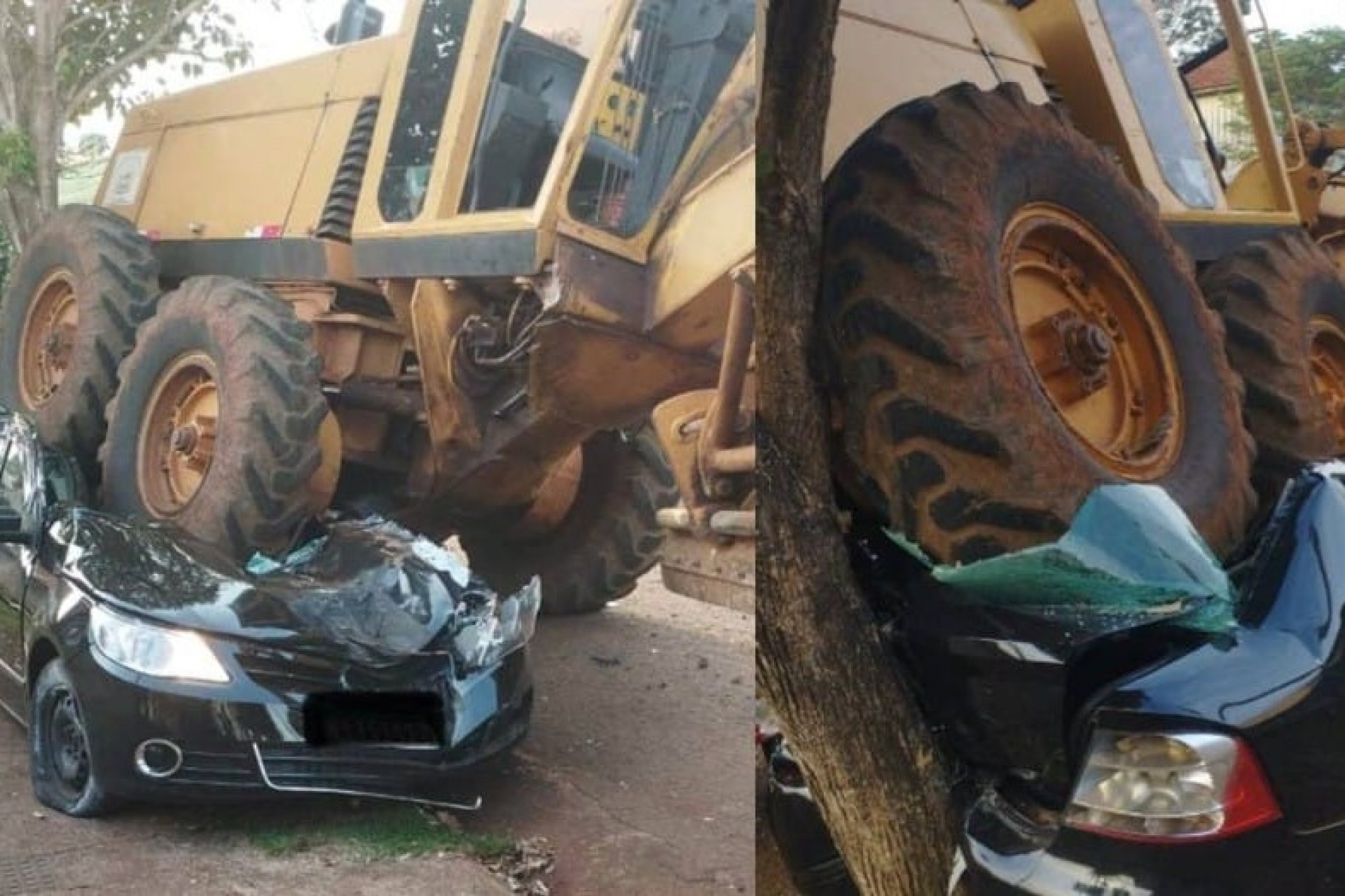 Carro é arrastado e esmagado por máquina niveladora no interior do Paraná