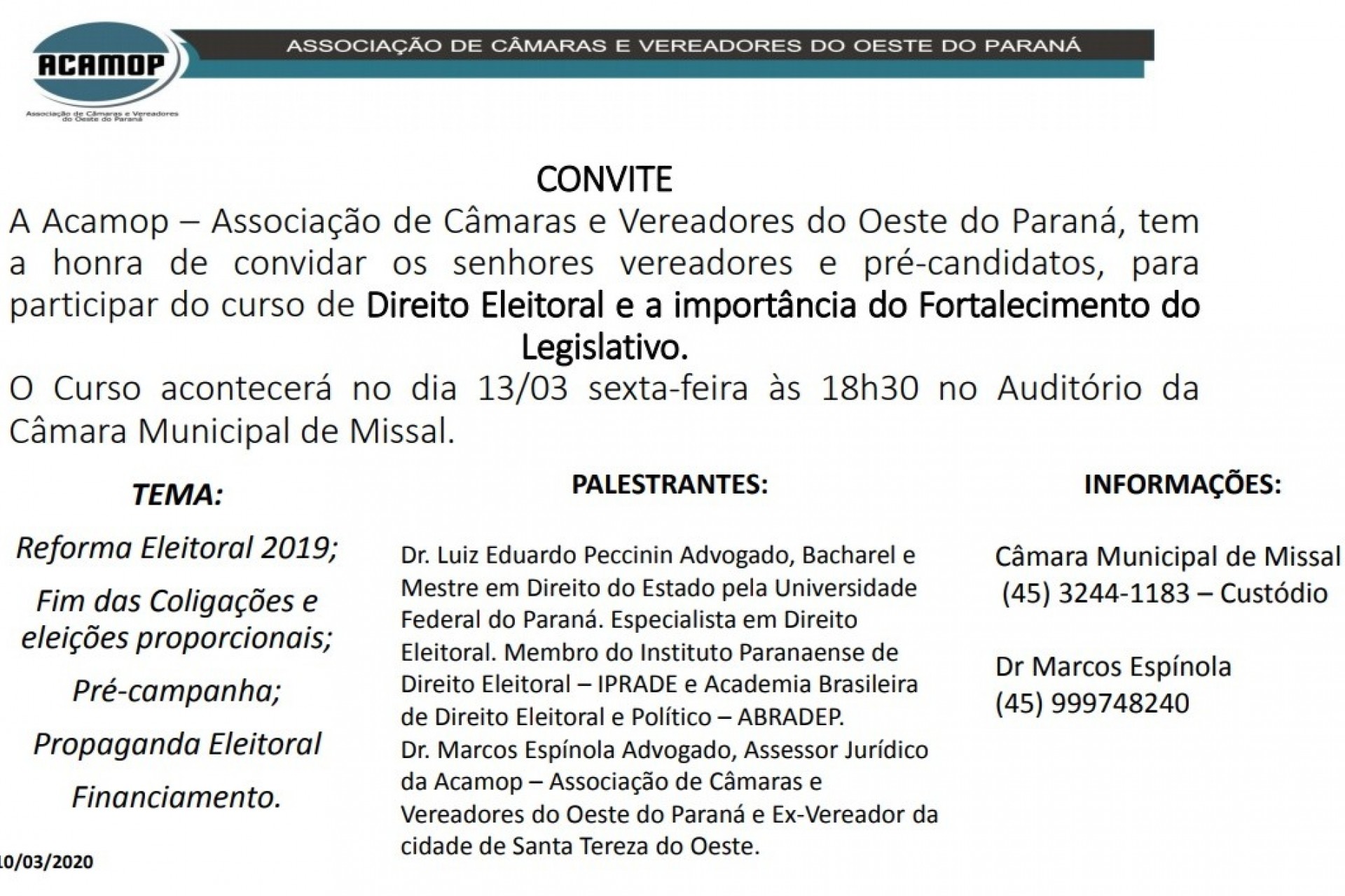 Curso de Direito Eleitoral e Importância do Fortalecimento do Legislativo será ofertado em Missal