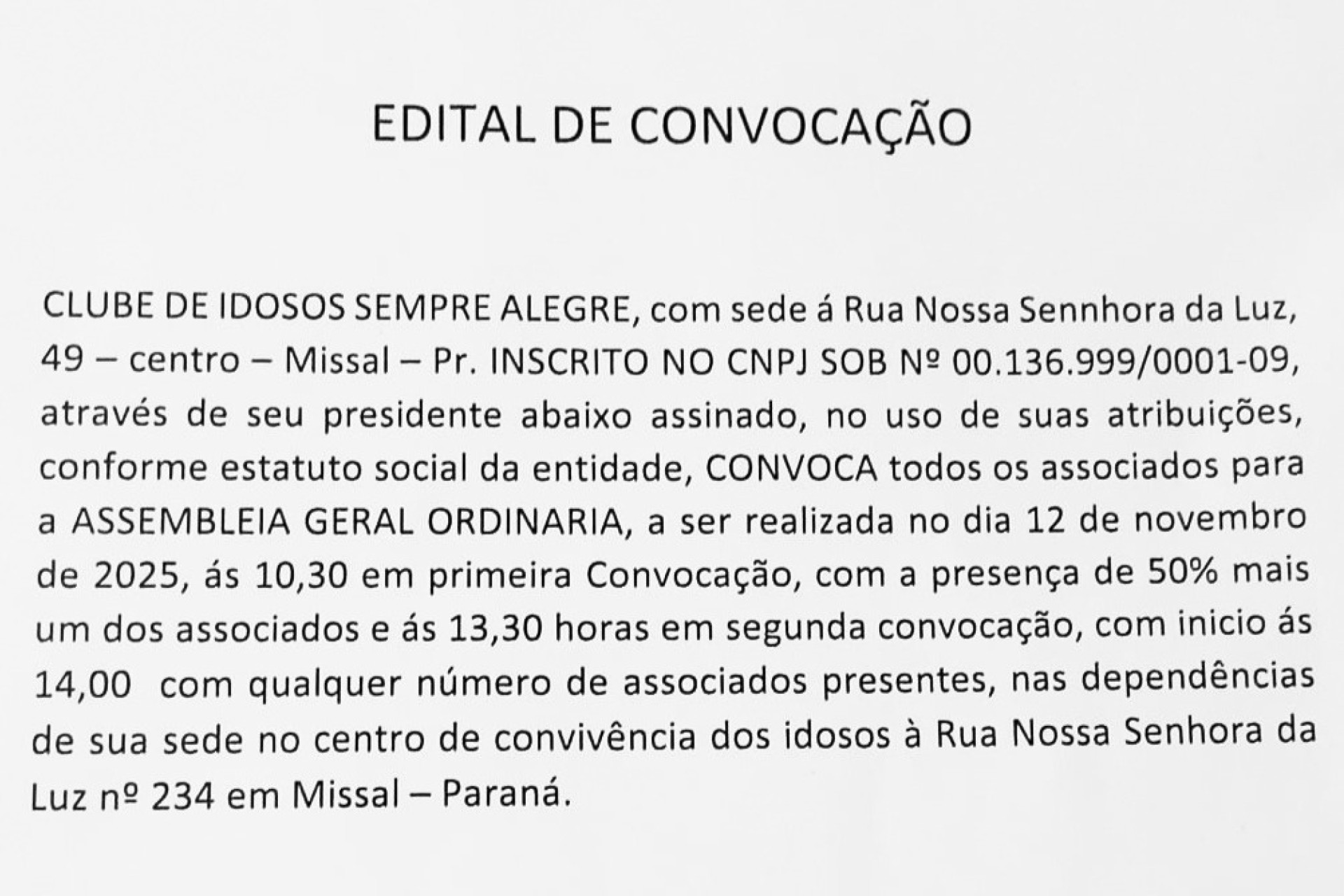 EDITAL DE CONVOCAÇÃO: CLUBE DE IDOSOS SEMPRE ALEGRE