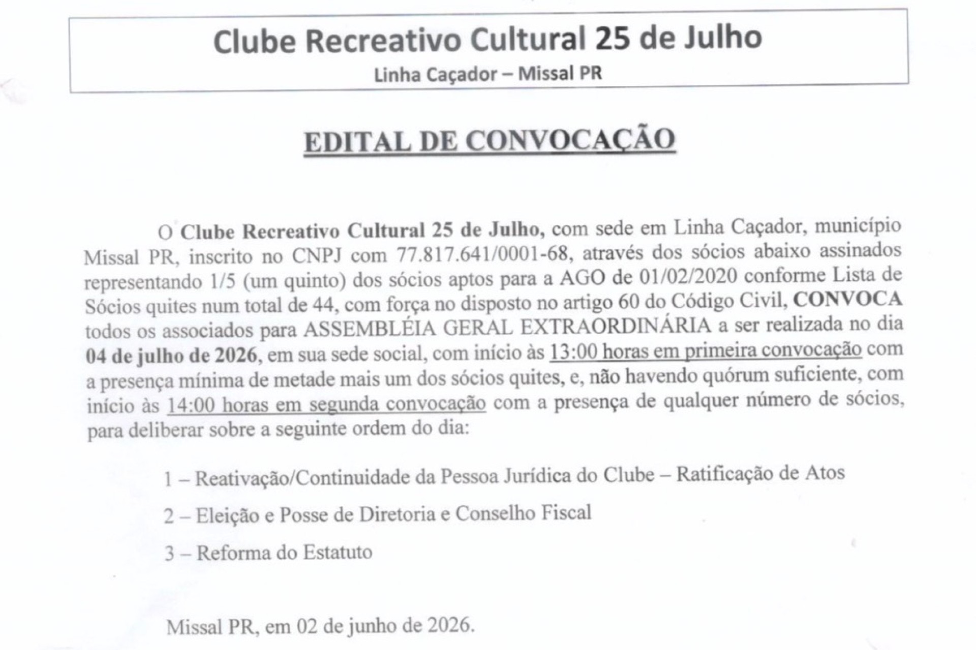 EDITAL DE CONVOCAÇÃO: Clube Recreativo Cultural 25 de Julho - Linha Caçador – Missal PR