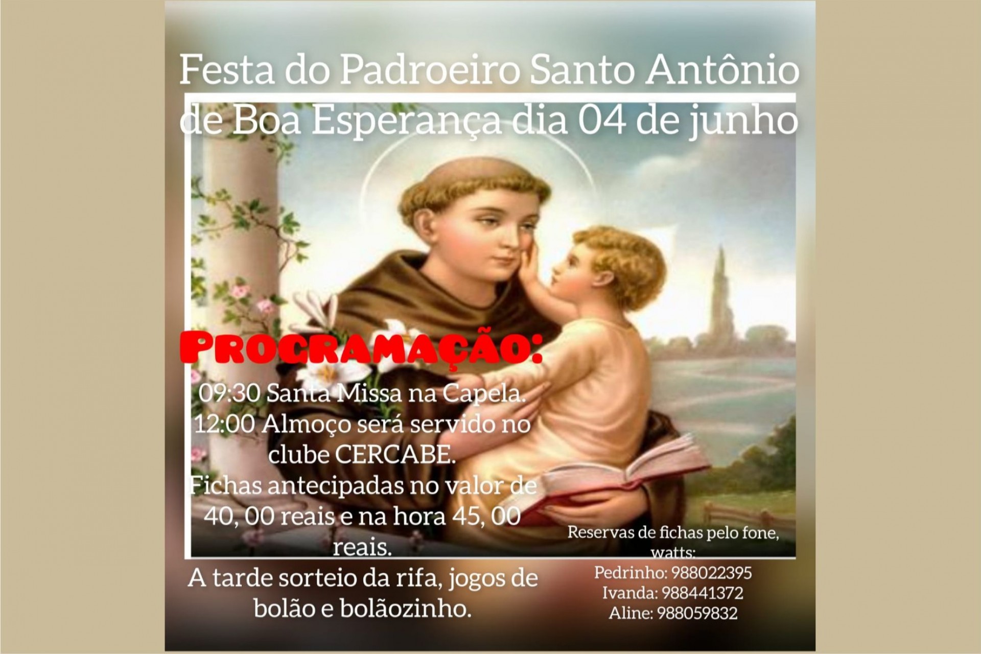 Missal: Festa do Padroeiro Santo Antônio de Boa Esperança será no próximo dia 04 de junho