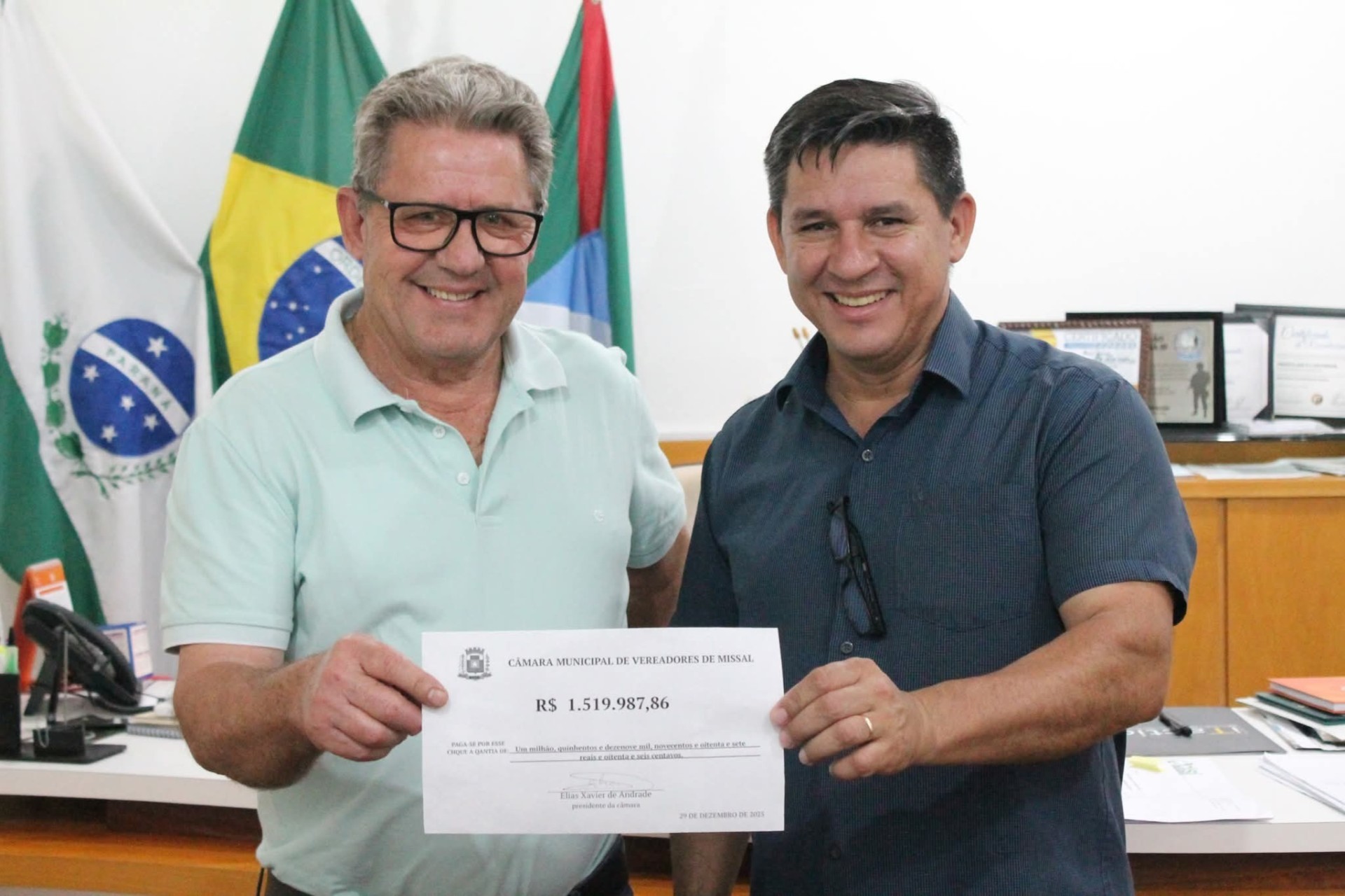 Missal: Poder Legislativo devolve mais de R$ 1,5 milhão ao Executivo Municipal