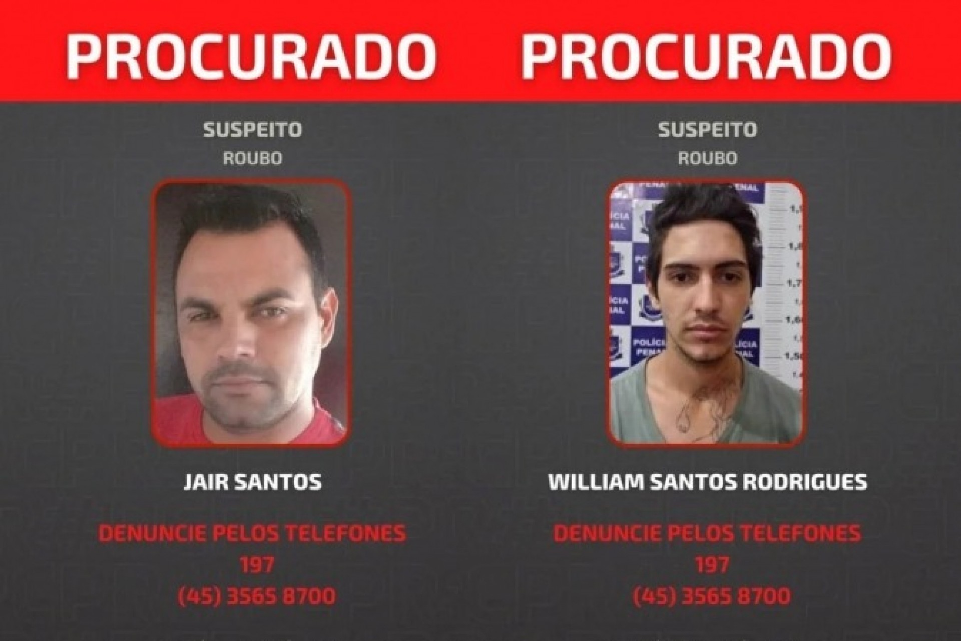 Polícia divulga fotos de dois suspeitos de roubo no Oeste do Paraná