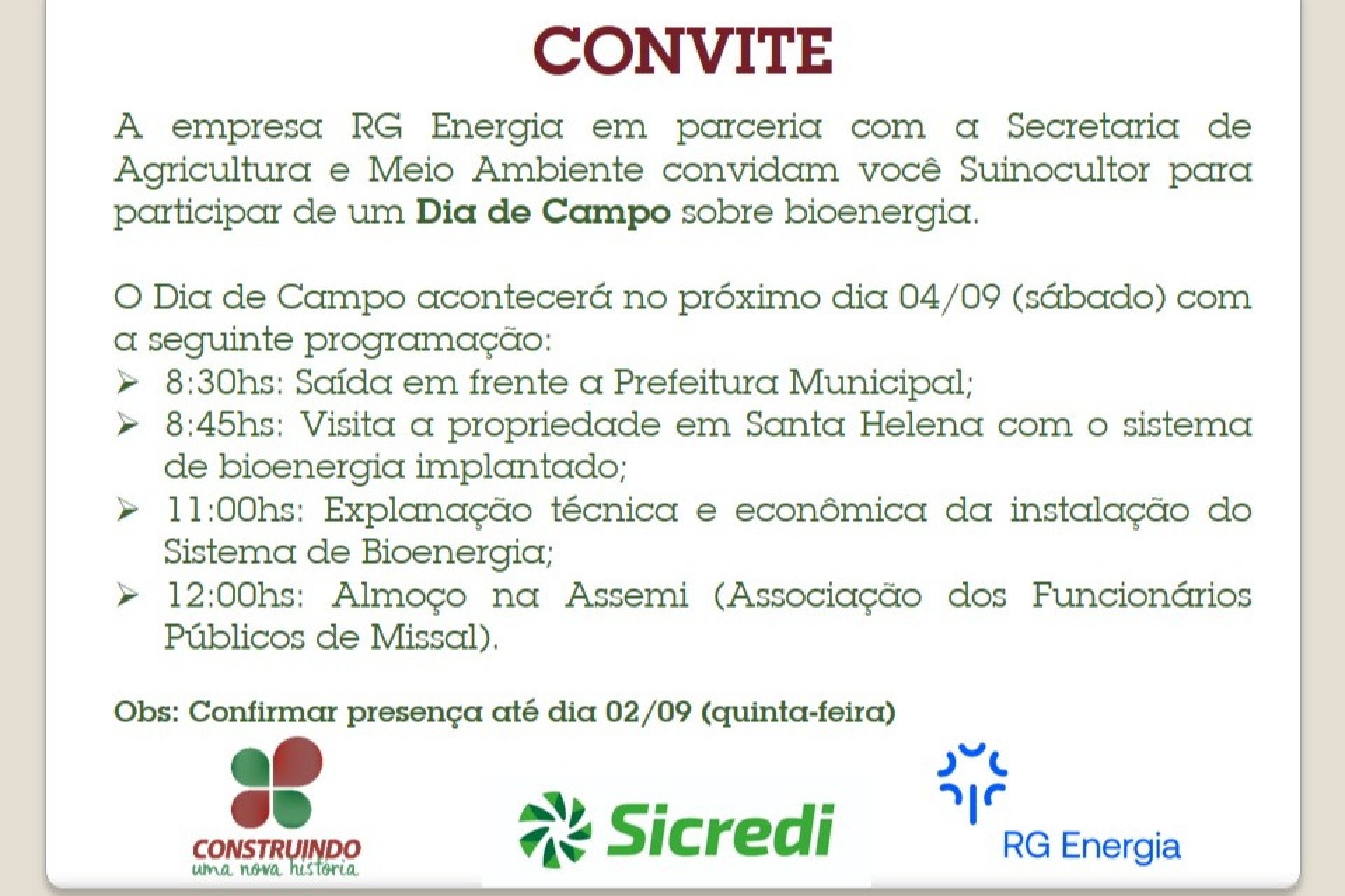 Produtores de Suínos de Missal poderão participar de Dia de Campo sobre Bioenergia no próximo sábado