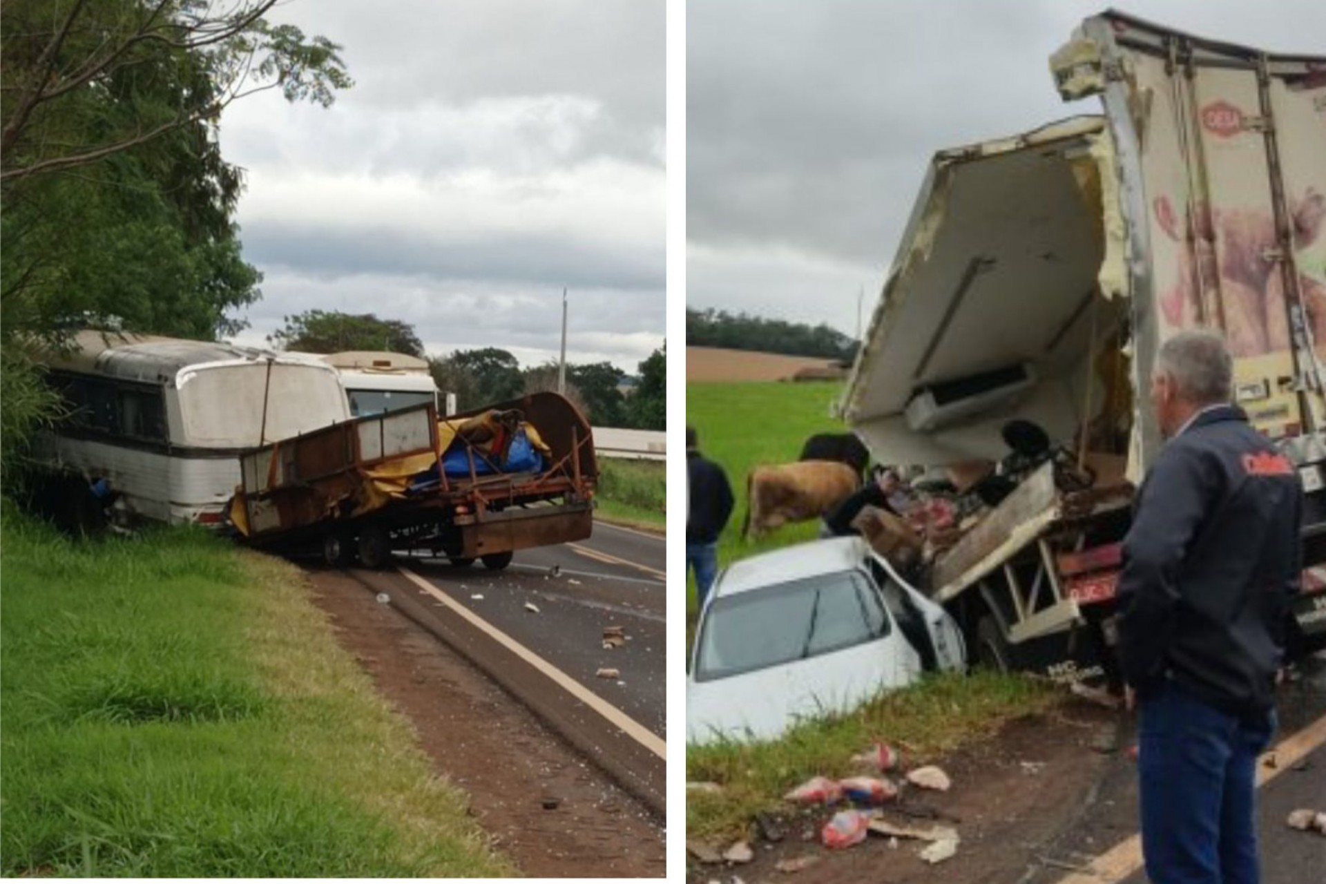 Santa Helena: Uma pessoa morreu em acidente entre ônibus de circo, caminhão e corsa
