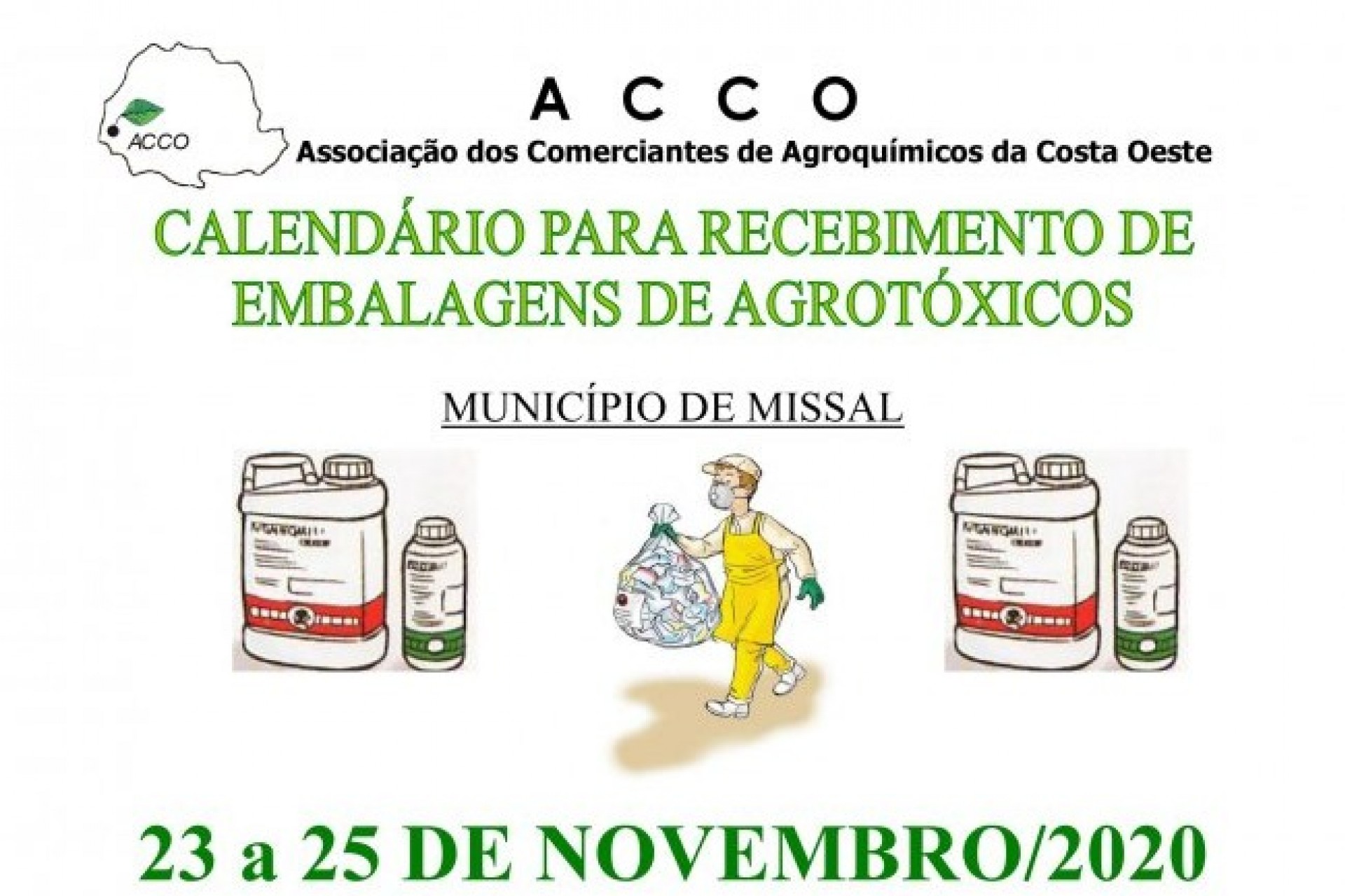 Secretaria de Agricultura e Meio Ambiente de Missal divulga calendário de recebimento de embalagens