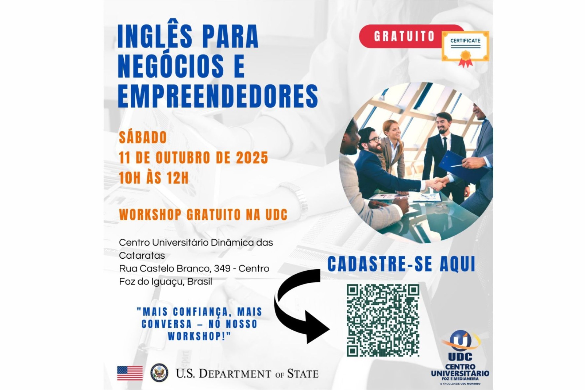 UDC e Departamento de Estado dos EUA promovem workshop gratuito de inglês para negócios