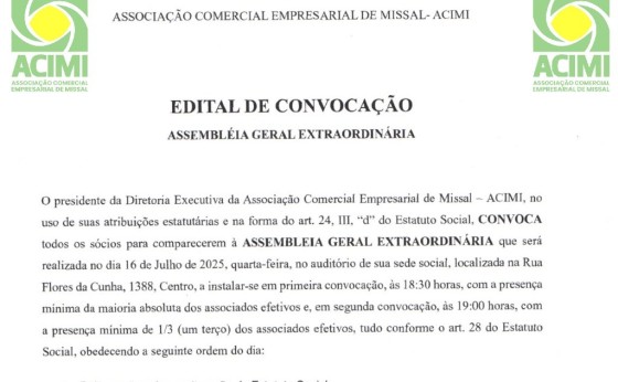 ACIMI convoca Assembleia Geral Extraordinária para mudança no estatuto social