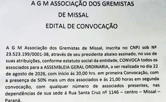 Associação dos Gremistas de Missal realizará AGO