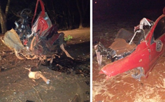 Carro fica destruído após bater em árvore na PR-497