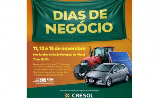 Cresol Costa Oeste realiza Feirão de Negócios nos dias 11, 12 e 13 de novembro em Missal