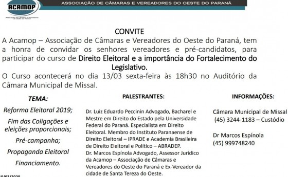 Curso de Direito Eleitoral e Importância do Fortalecimento do Legislativo será ofertado em Missal