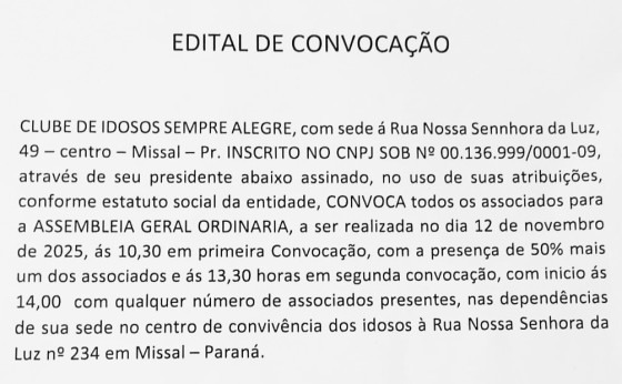 EDITAL DE CONVOCAÇÃO: CLUBE DE IDOSOS SEMPRE ALEGRE