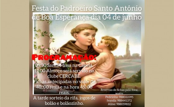 Missal: Festa do Padroeiro Santo Antônio de Boa Esperança será no próximo dia 04 de junho