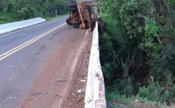 Paraná: Caminhão com tora de madeira tomba e passageiro fica ferido na PR 180