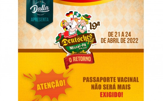 Passaporte Vacinal NÃO será mais obrigatório para 19ª Deutsches Fest de Missal