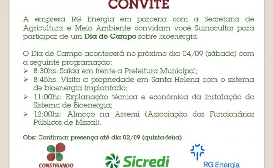 Produtores de Suínos de Missal poderão participar de Dia de Campo sobre Bioenergia no próximo sábado