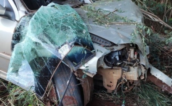 Veículo fica parcialmente destruído após colidir em árvore no interior de Itaipulândia