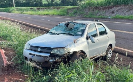 Veículo sai da pista na PR-495, e condutor não se fere